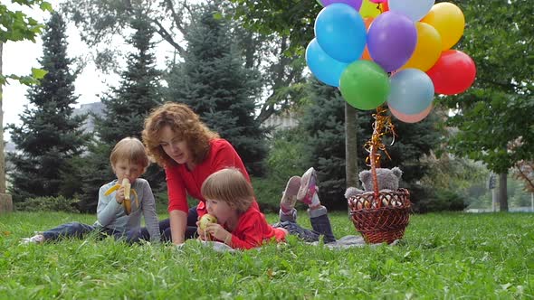 Beautiful Family Having Picnic in Summer Park, Slow Motion alt