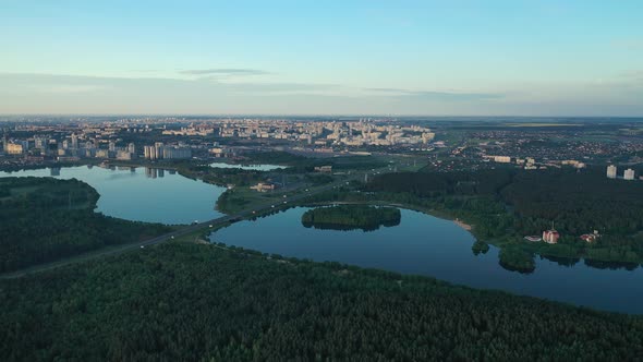 Top View Drozdowski and Zaslavskoe Reservoir and the Ring Road in Minsk at Dawn alt
