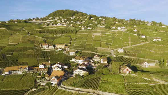 Aerial orbiting and closing-in Aran village in Lavaux vineyard - Switzerland alt