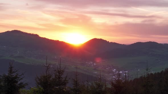 Sunset in the Forest Mountain Rural Landscape