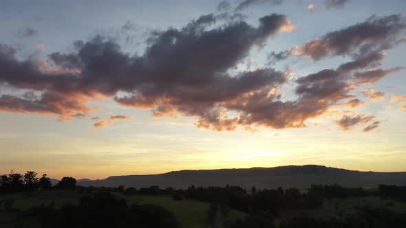 Sunset rural landscape aerial view. Nature scenery alt