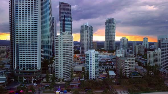 Oceanfront High-Rise Apartments Against Scenic Sky In Gold Coast, Queensland, Australia. Aerial Dron alt