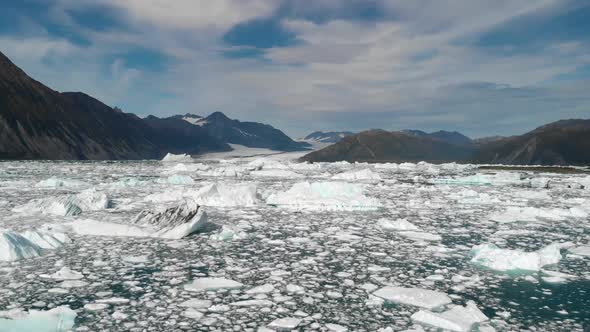 Icebergs in Glacial Water by Alaskan Coastline, Aerial View. Glacier Melting and Dramatic Ocean Risi alt