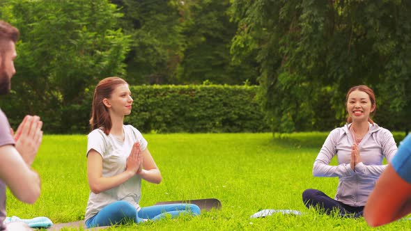Group of People Doing Yoga at Summer Park alt