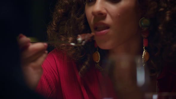 African American Woman Eating Enjoying Delicious Dessert Culinary in Restaurant alt
