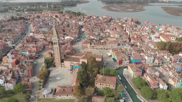 Aerial view of panorama of painted house facades of Burano island a province of Venice in Italy in a alt