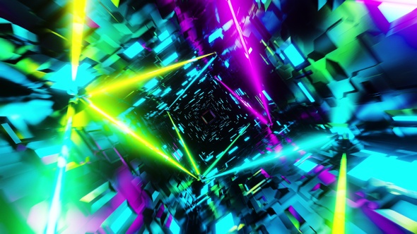 Flying in a tunnel with flashing multicolored fluorescent lights alt