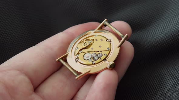 Watch Repairer Shows Vintage Clockwork Mechanism with Jewels Closeup