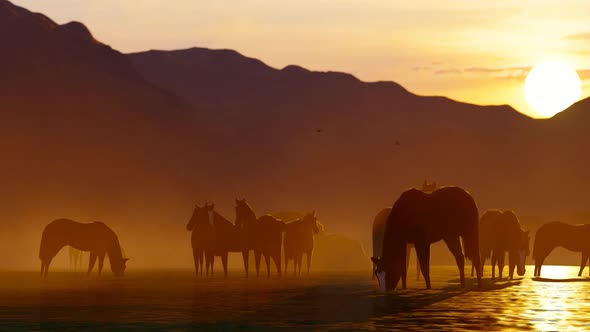 Herd of Wild Horses Watering in the Mountainous Area at Sunset
