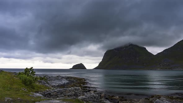 Timelapse of Clouds Moving Over Haukland Beach on Lofoten Islands in Norway alt
