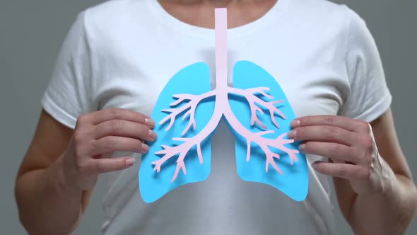 Woman Showing Lungs Sign at Camera, Tuberculosis Disease Prevention Concept