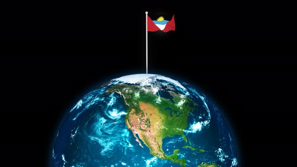 3d Rotated Planet Earth On Flying Antigua And Barbuda Flag Flag Animation alt