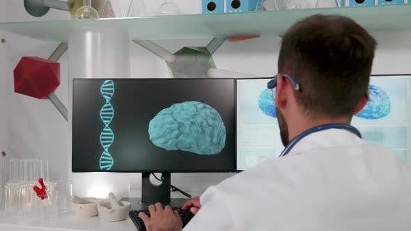 Revealing Shot of Modern Research Center with a Doctor Working in It alt