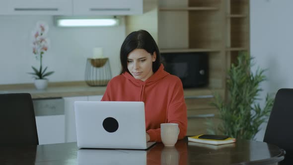 Concentrated casually dressed woman studying watching at screen working on computer alt
