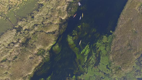 Bird's eye view of canoes in watercourse, Ibera Wetlands, Corrientes Province, Argentina alt