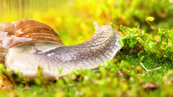 A snail creeps on moss in the rain.