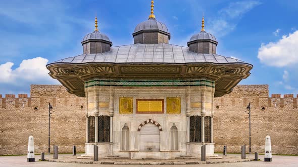The Ahmet Fountain was built in Istanbul between the entrance door of Topkapi Palace and the Hagia S