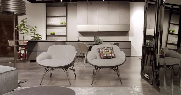 Fabric Modern Gray Armchair in Living Room with Kitchen and Dining Table alt