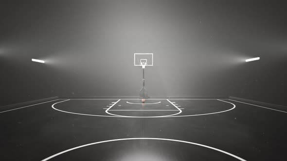 A walk through the basketball court. Lights, dust and smoke. Nightly scene. 4KHD alt