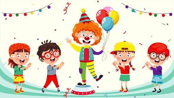Children Having Fun With Cute Clown alt