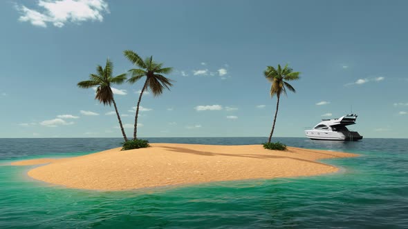 Tropical island with palm trees among the sea and a yacht on the waves
