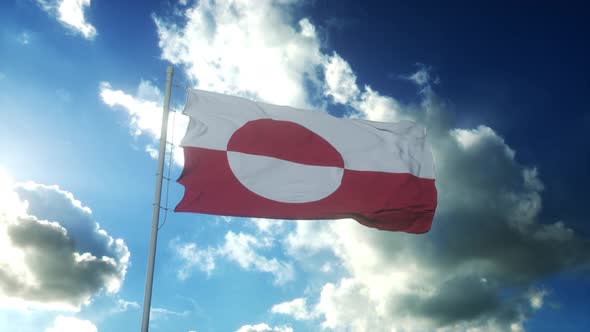 Flag of Greenland Waving at Wind Against Beautiful Blue Sky alt