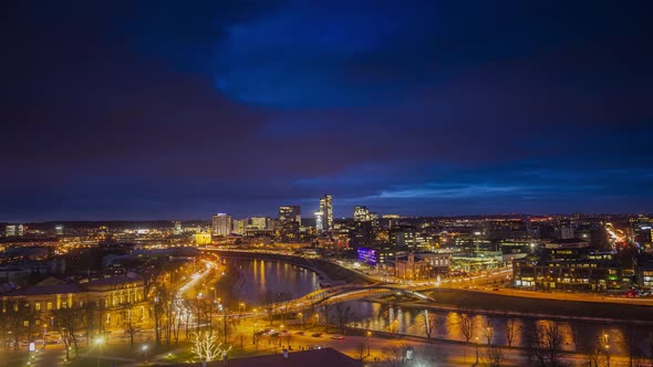 Vilnius City Timelapse with Glowing Buildings in the Evening Light