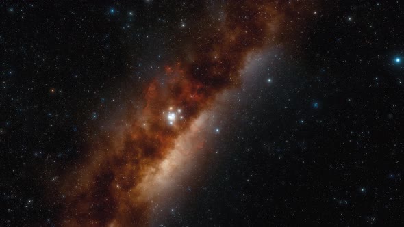 Spaceship Flies Near Red Nebula in Space alt