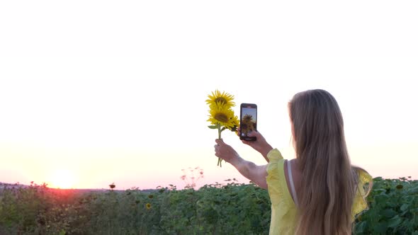 Girl Takes Pictures of Flowers on a Smartphone at Sunset alt