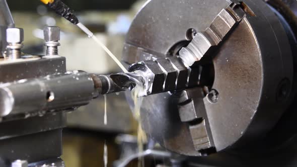Cooling Technology. Lathe During Operation. A Modern Factory. Tool Shop. Turner Profession