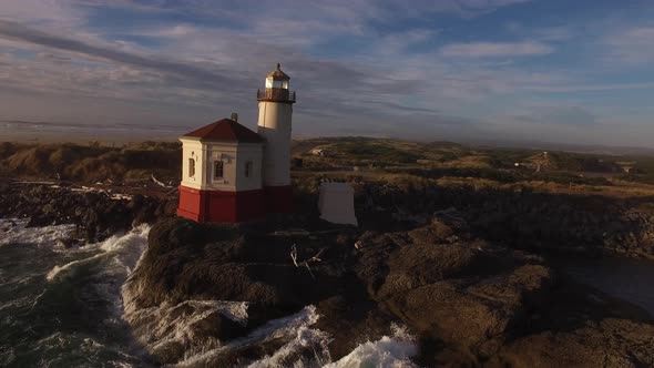 Aerial view of Coquille River Lighthouse in Bandon, Oregon alt