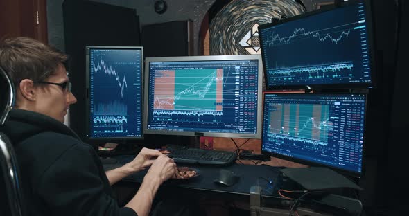 Male Trader Freelancer on Stock Exchange Trades Options and Eats Nuts