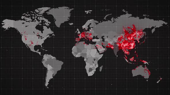 Animation of the world map and countries turning red through circles in a dark background alt