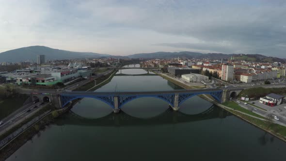 Aerial view of the bridges over Drava River, Maribor alt