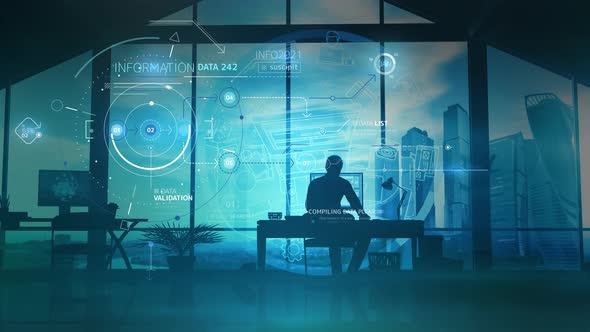 Silhouette Of A Man Working In The Office And Infographics 4K alt