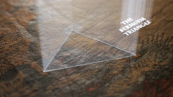 Bermuda triangle illuminated with light shafts on an old, vintage map.  4KHD alt