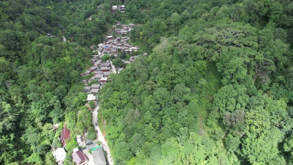 Aerial view of Mae kampong village,  Houses in valley, Chiang Mai, Thailand by drone