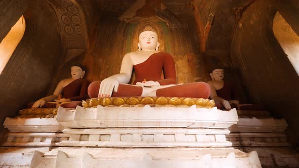 Old Statues in Traditional Burmese Temple. Buddhism Religion Concept Footage. Slowmotion. Bagan