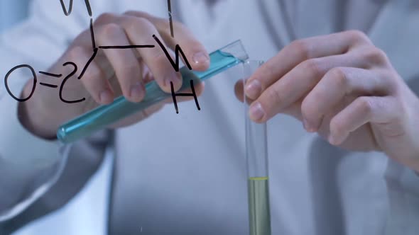 Chemist Mixing Various Reagents Guided by Written Formula, Chemical Inventions alt