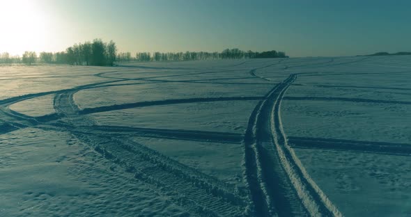 Aerial Drone View of Cold Winter Landscape with Arctic Field, Trees Covered with Frost Snow and alt