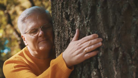 An Older Man Lovingly Hugs a Tree Trunk and Feels Relaxed and Good on the Autumn Day alt
