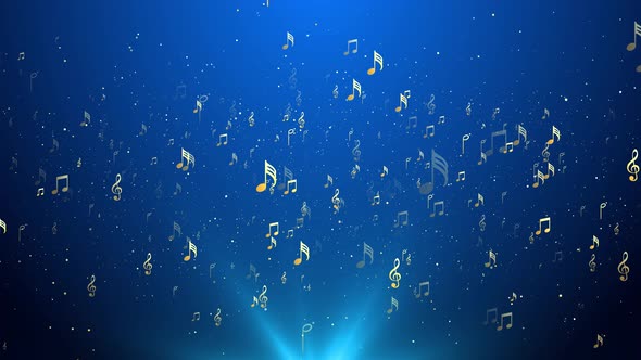 Blue glittering music notes flying Light . alt