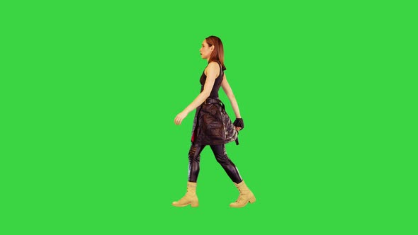Anime Character Girl Walks and Gets the Gun Out of Holster on a Green Screen Chroma Key