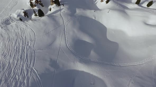 Aerial view of ski tracks on snow alt