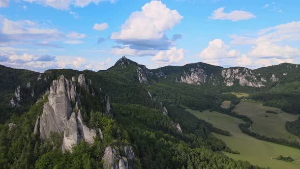 Aerial view of the Sulov rocks nature reserve in the village of Sulov in Slovakia alt