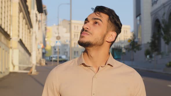 Portrait of Happy Inspired Calm Alone Arabic Latin Business Man Terist Bearded Guy Standing in New alt