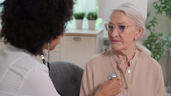 Afro American Woman Doctor Listens to Breath of Senior Woman Using Stethoscope While Sitting on Sofa alt