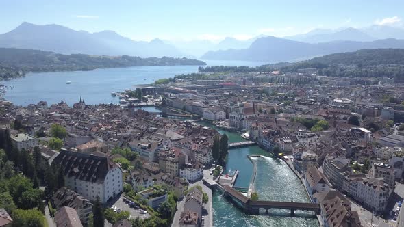 Switzerland. Beautiful View of the Town of Lucerne on the River Royce and the Amazing Beauty of the alt