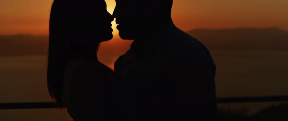 Close up of a young couple embracing at sunset, spending a romantic evening together. Slow motion.   alt