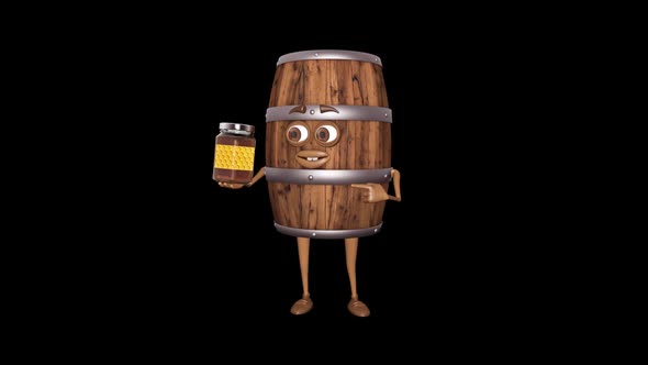Cartoon Wooden Barrel Shows Honey Loop On Alpha Channel alt